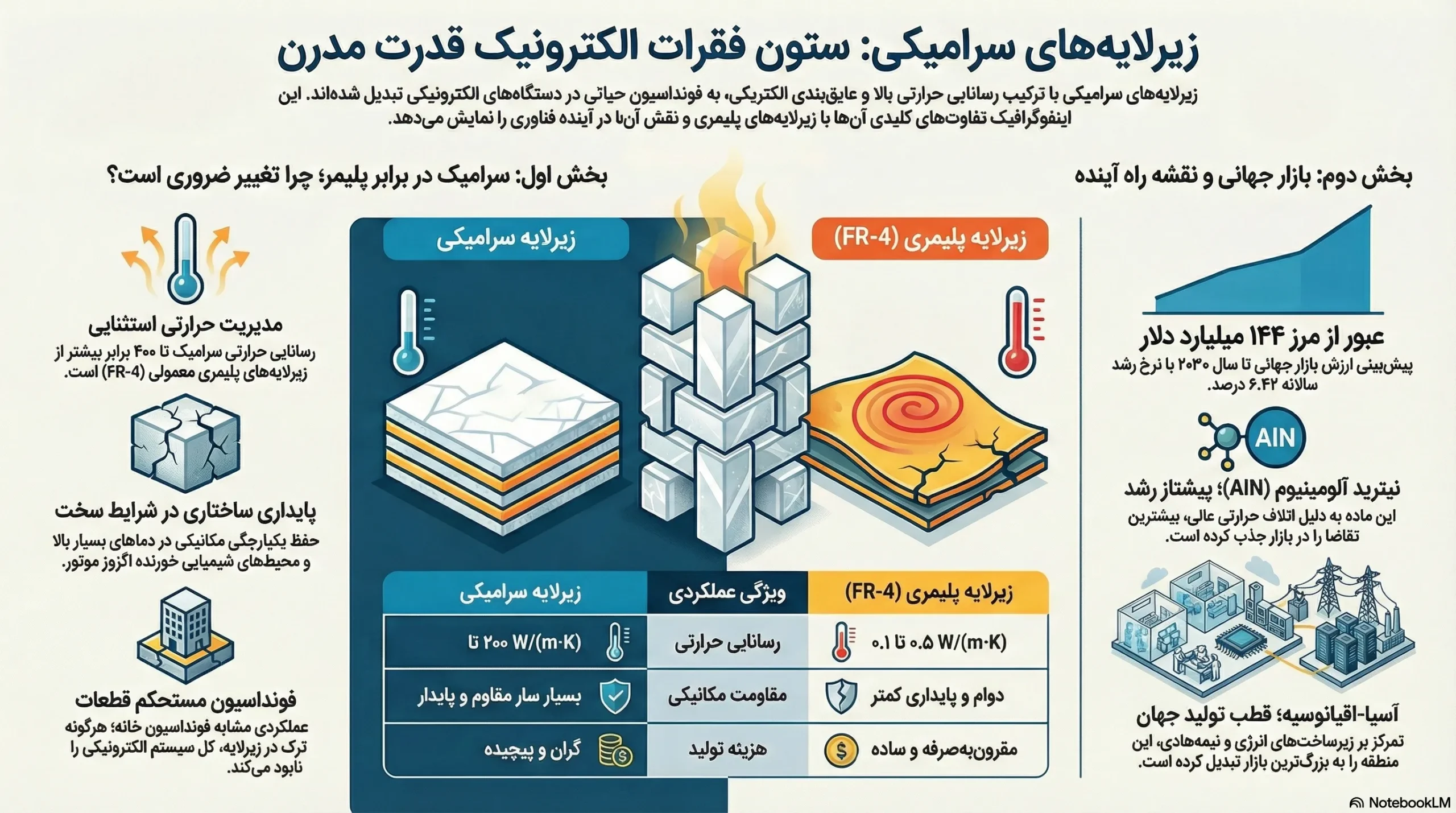 نمایی از مراحل تولید زیرلایه سرامیکی به روش HTCC شامل زینترینگ، چاپ خمیر فلزی و لایهسازی برای ساخت مدارهای الکترونیکی پیشرفته.